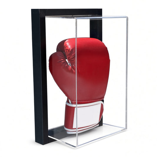 Black-framed vertical acrylic wall mount case holding a red boxing glove