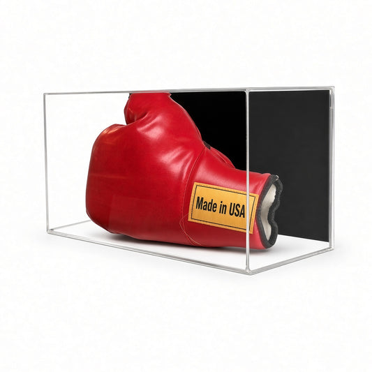 Acrylic wall mount case with a black back holding a red boxing glove lying on its side