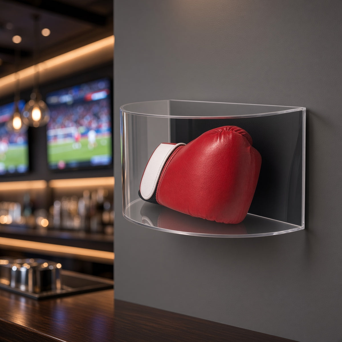 Curved boxing glove case on a wall in a sports bar