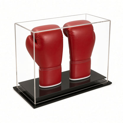 Front view of two red boxing gloves standing in the table top case