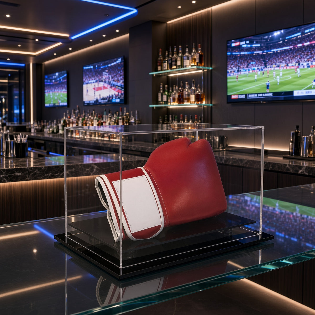 Boxing glove case on a bar counter in a sports bar