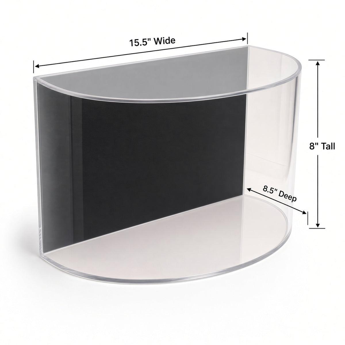 Empty curved boxing glove case with 15.5 inch width, 8 inch height and 8.5 inch depth marked