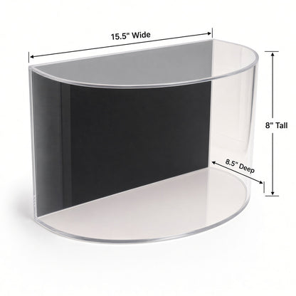 Empty curved boxing glove case with 15.5 inch width, 8 inch height and 8.5 inch depth marked