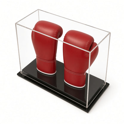 Angled view of the vertical double boxing glove display case