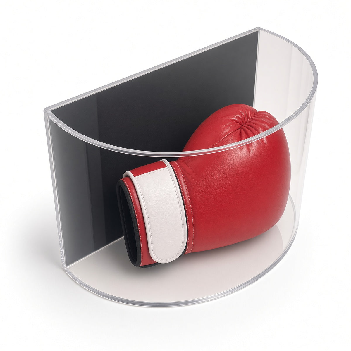 Angled view of a red boxing glove in the curved case