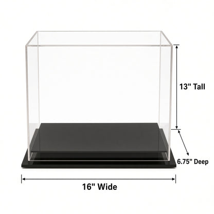 Empty boxing glove case with 15 inch width, 12 inch height and 6.75 inch depth marked