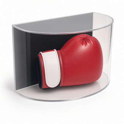 Curved front acrylic wall mount case holding a red boxing glove