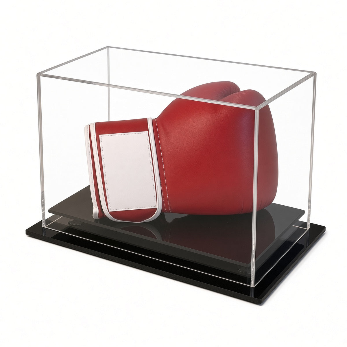 Front view of a boxing glove inside the table top case