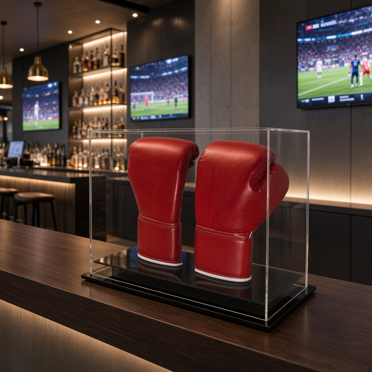 Vertical double boxing glove case on a bar counter in a sports bar