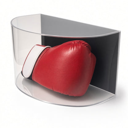 Side view of the curved boxing glove display case with a glove inside