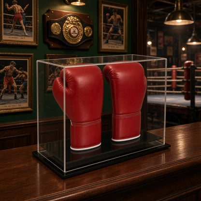 Pair of red boxing gloves in the table top case in a boxing gym