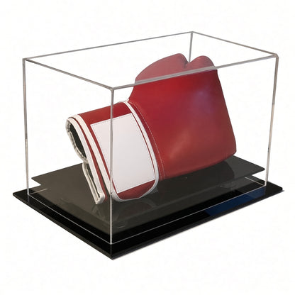 Table top acrylic case with a black base holding a red boxing glove