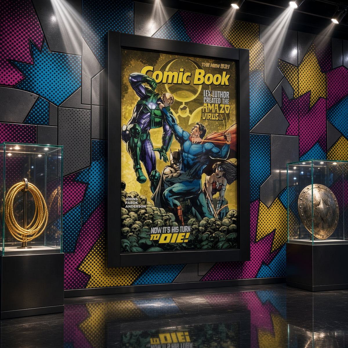 Comic book frame hanging on a colorful wall in a game room