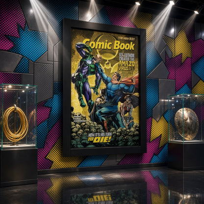 Comic book frame hanging on a colorful wall in a game room