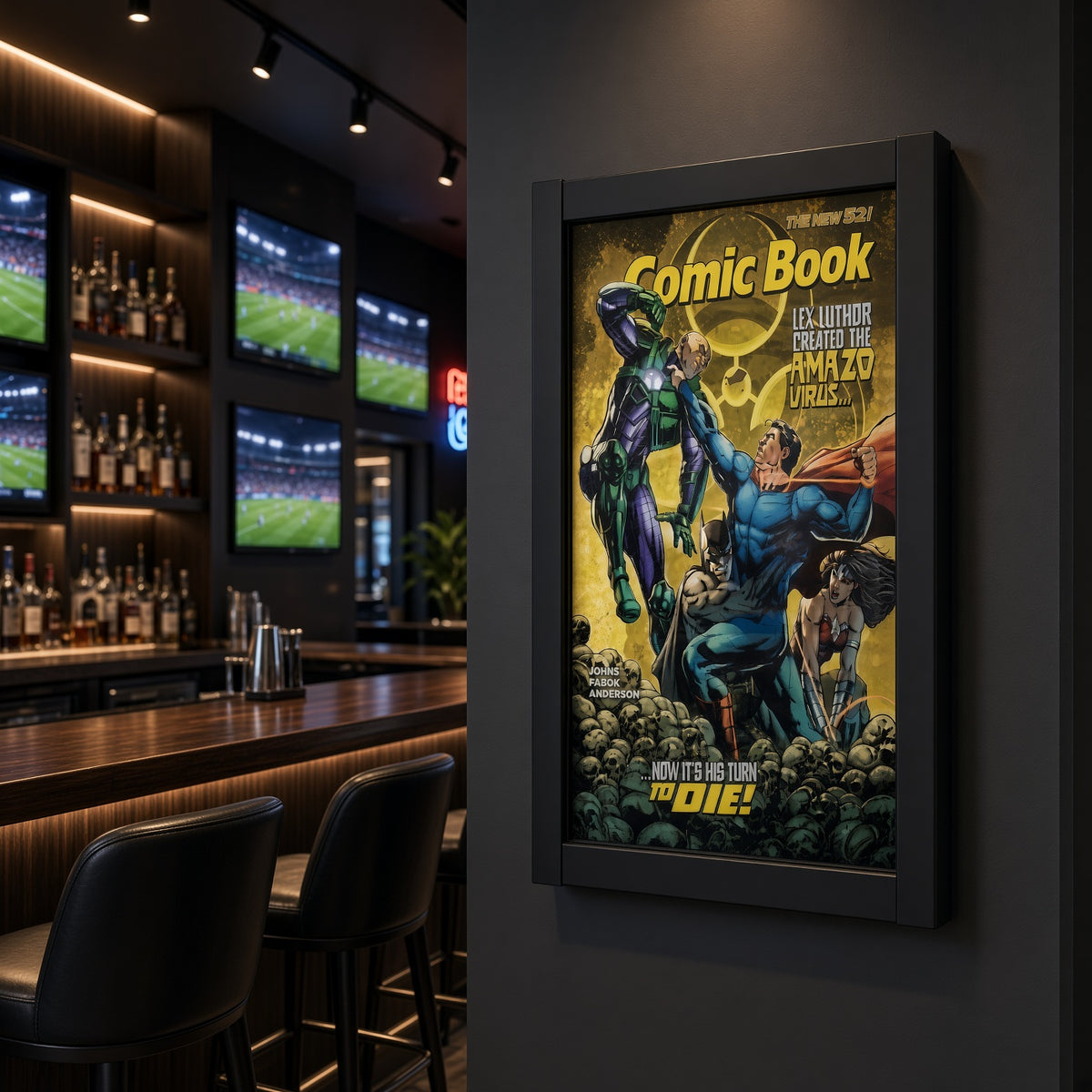 Comic book frame on a dark wall in a sports bar