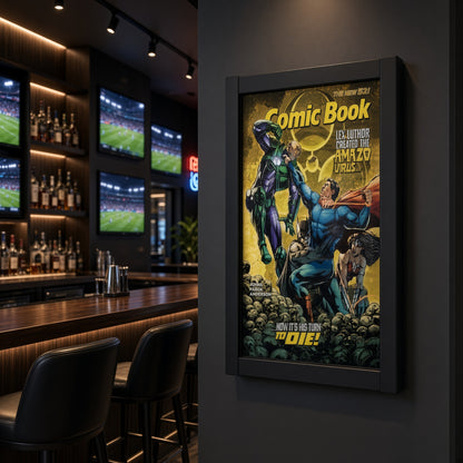 Comic book frame on a dark wall in a sports bar