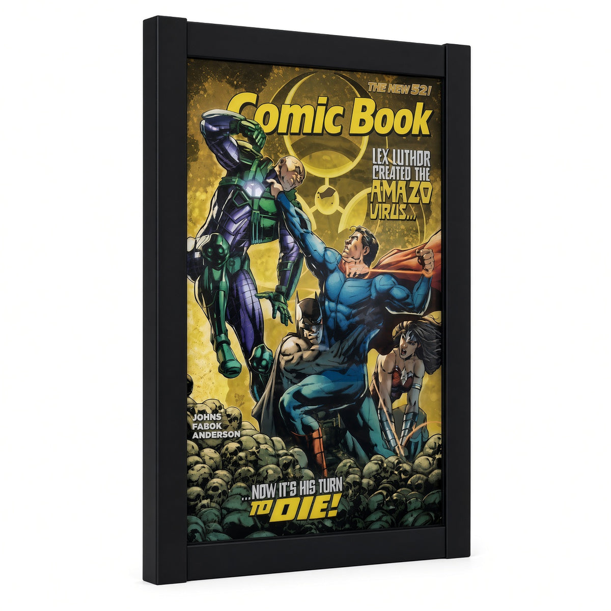 Black comic book display frame holding a comic book