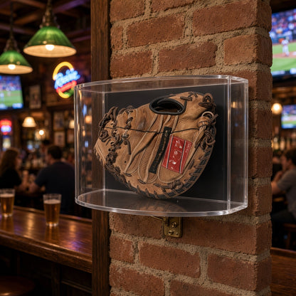 Curved baseball glove case mounted on a brick wall in a sports bar
