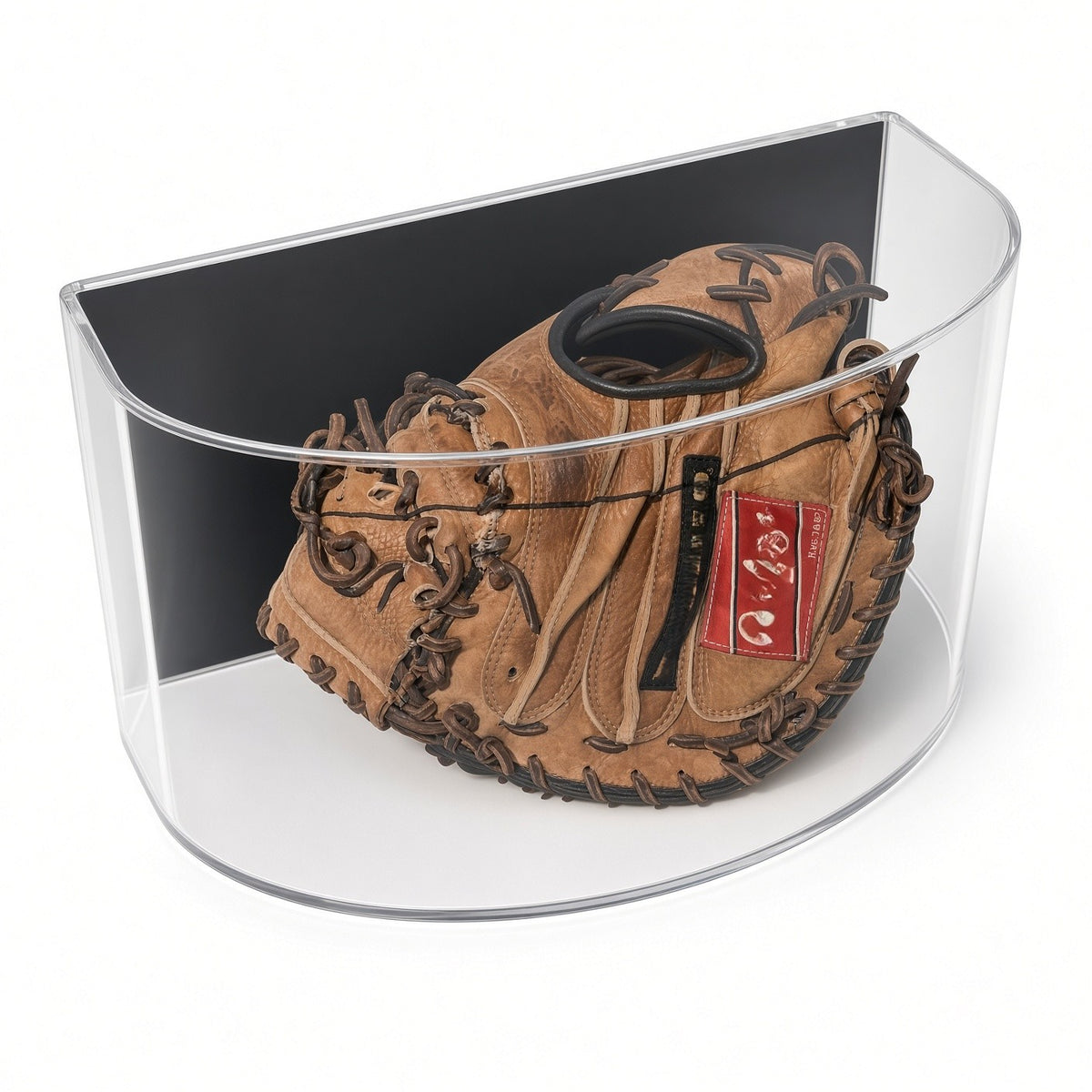 Curved front acrylic wall mount display case holding a brown catcher's mitt