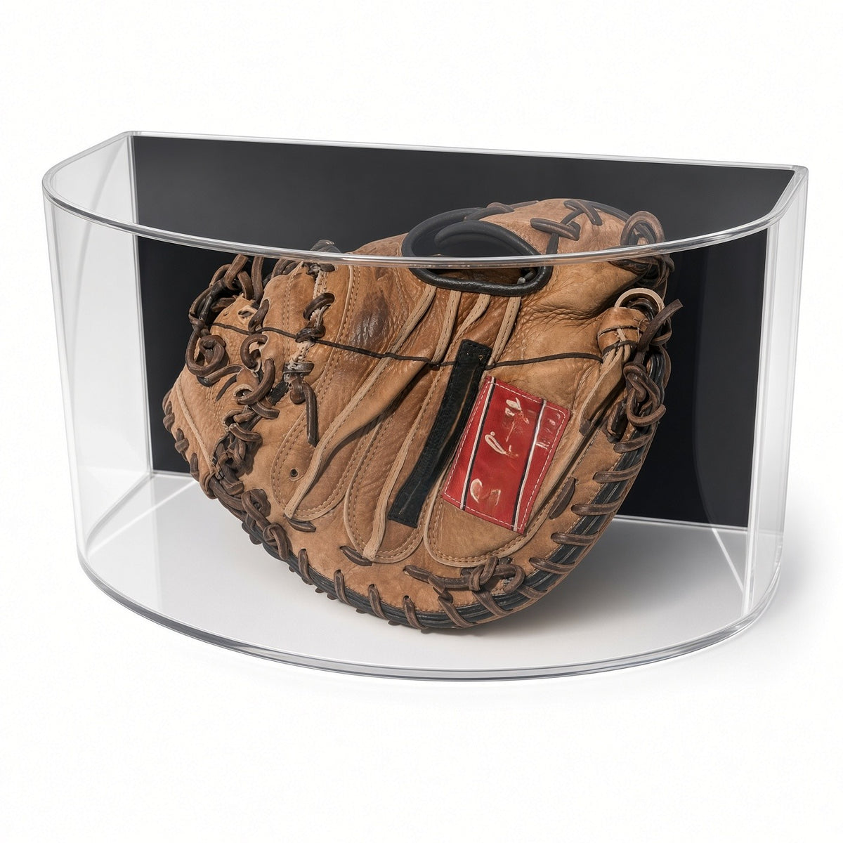 Curved baseball glove case with a mitt against the black backing
