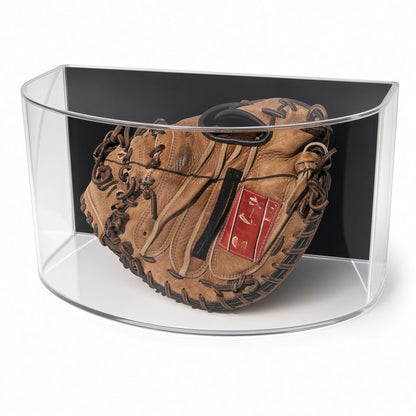 Curved baseball glove case with a mitt against the black backing