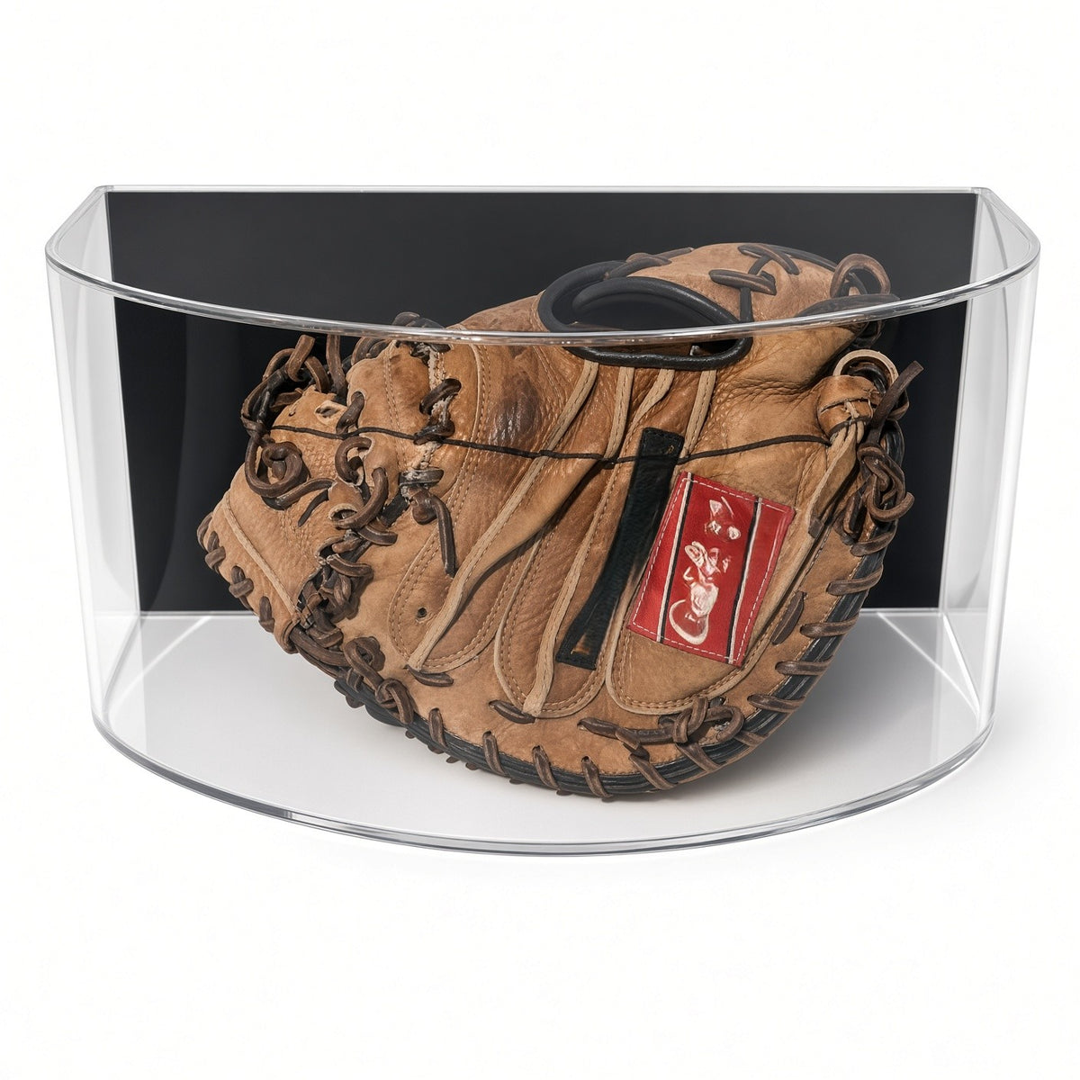 Close front view of the mitt in the curved glove display case