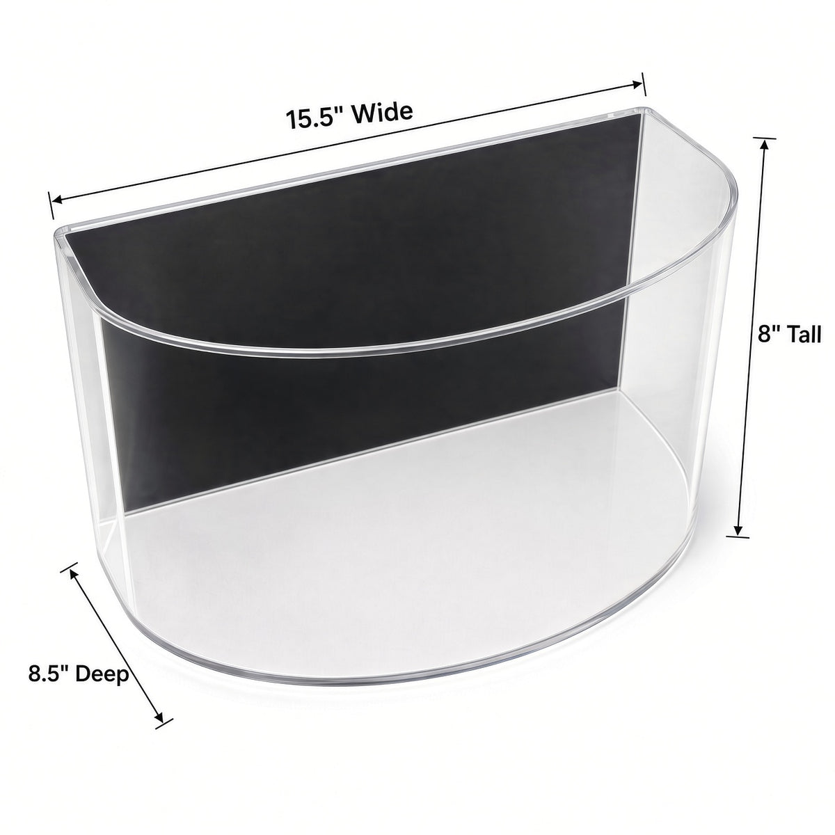 Empty curved glove case with 15.5 inch width, 8 inch height and 8.5 inch depth marked