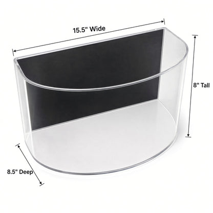 Empty curved glove case with 15.5 inch width, 8 inch height and 8.5 inch depth marked