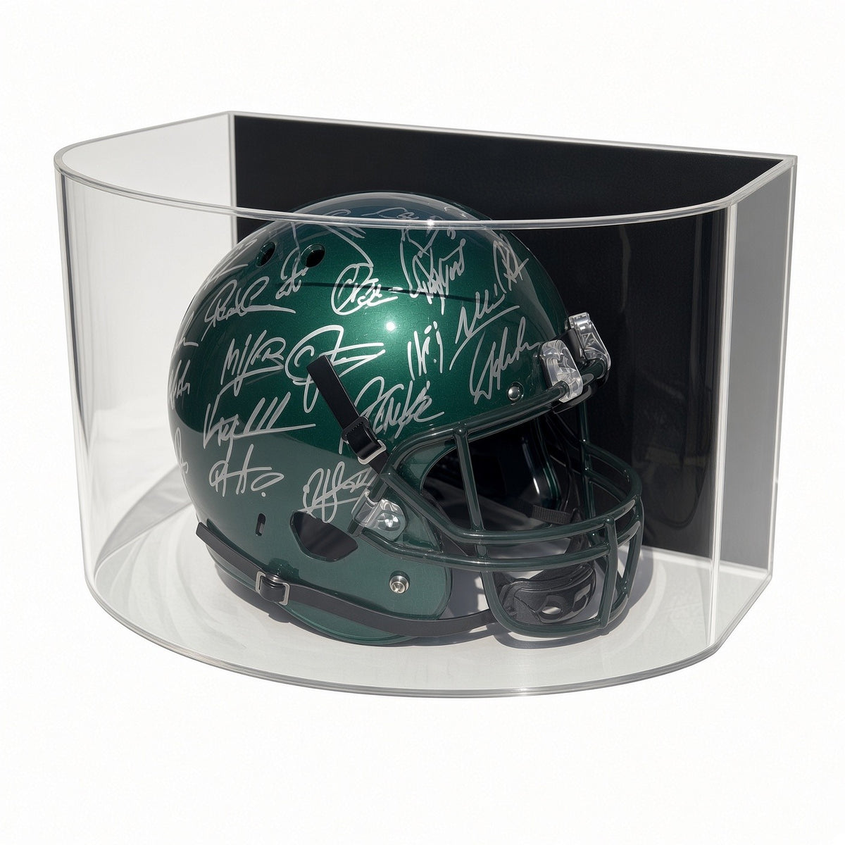 Front view of a signed green football helmet in the curved case