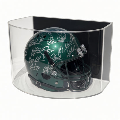 Front view of a signed green football helmet in the curved case