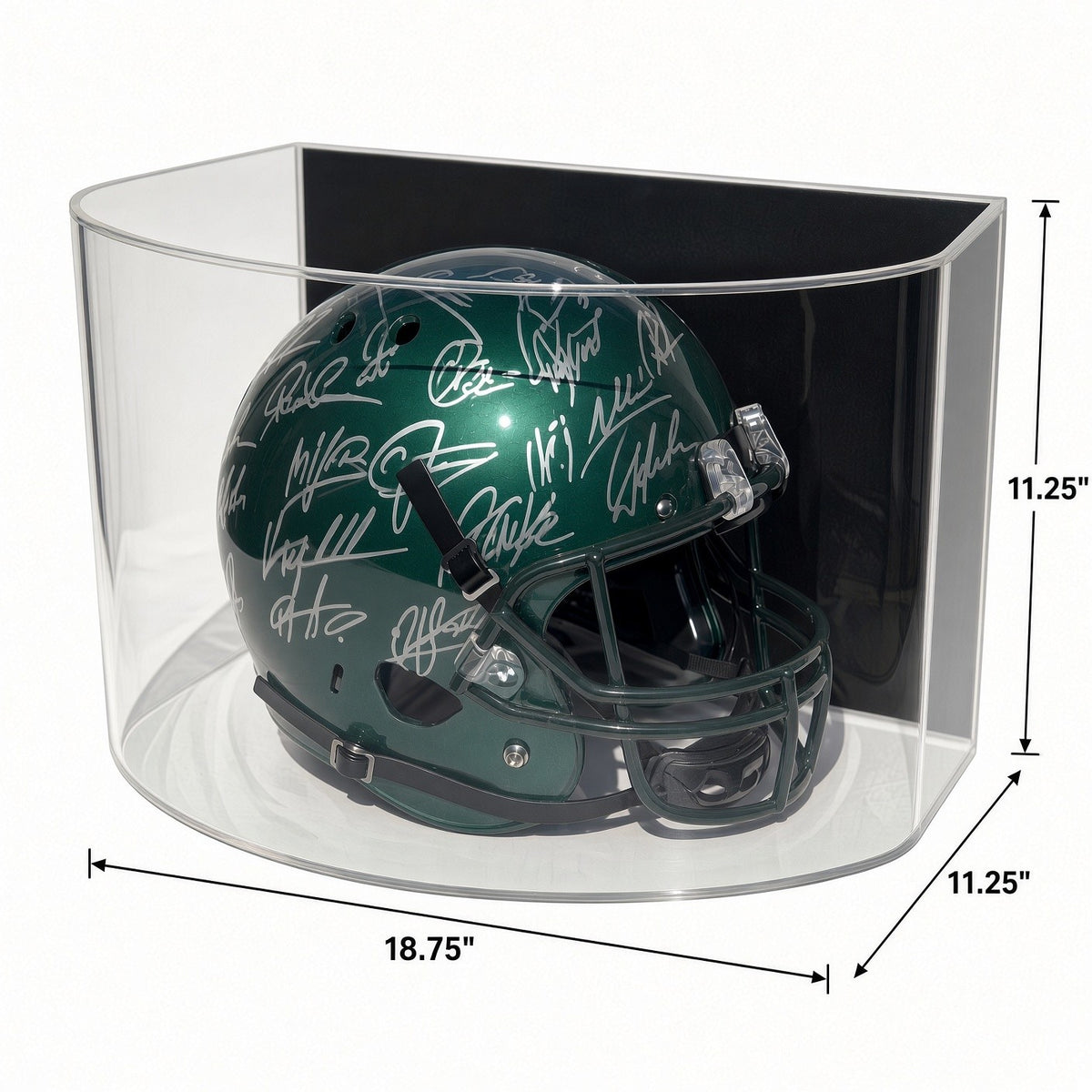 Curved helmet case with 18.75 inch width, 11.25 inch height and 11.25 inch depth marked