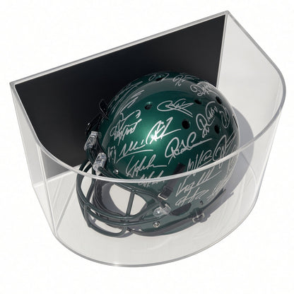 Angled top view of a helmet inside the curved acrylic case