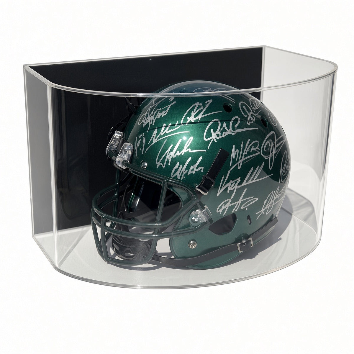 Side view of a signed football helmet in the curved display case