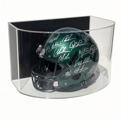 Side view of a signed football helmet in the curved display case