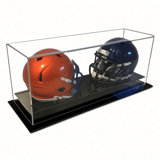 Table top acrylic display case with a black base holding two mini football helmets
