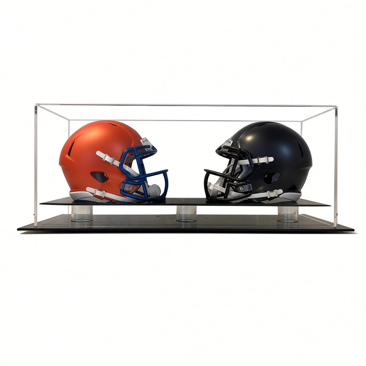 Front view of an orange and a navy mini helmet in the double case