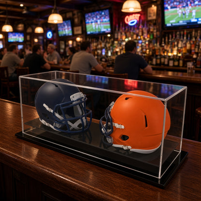Double mini helmet table top case on a bar counter in a sports bar