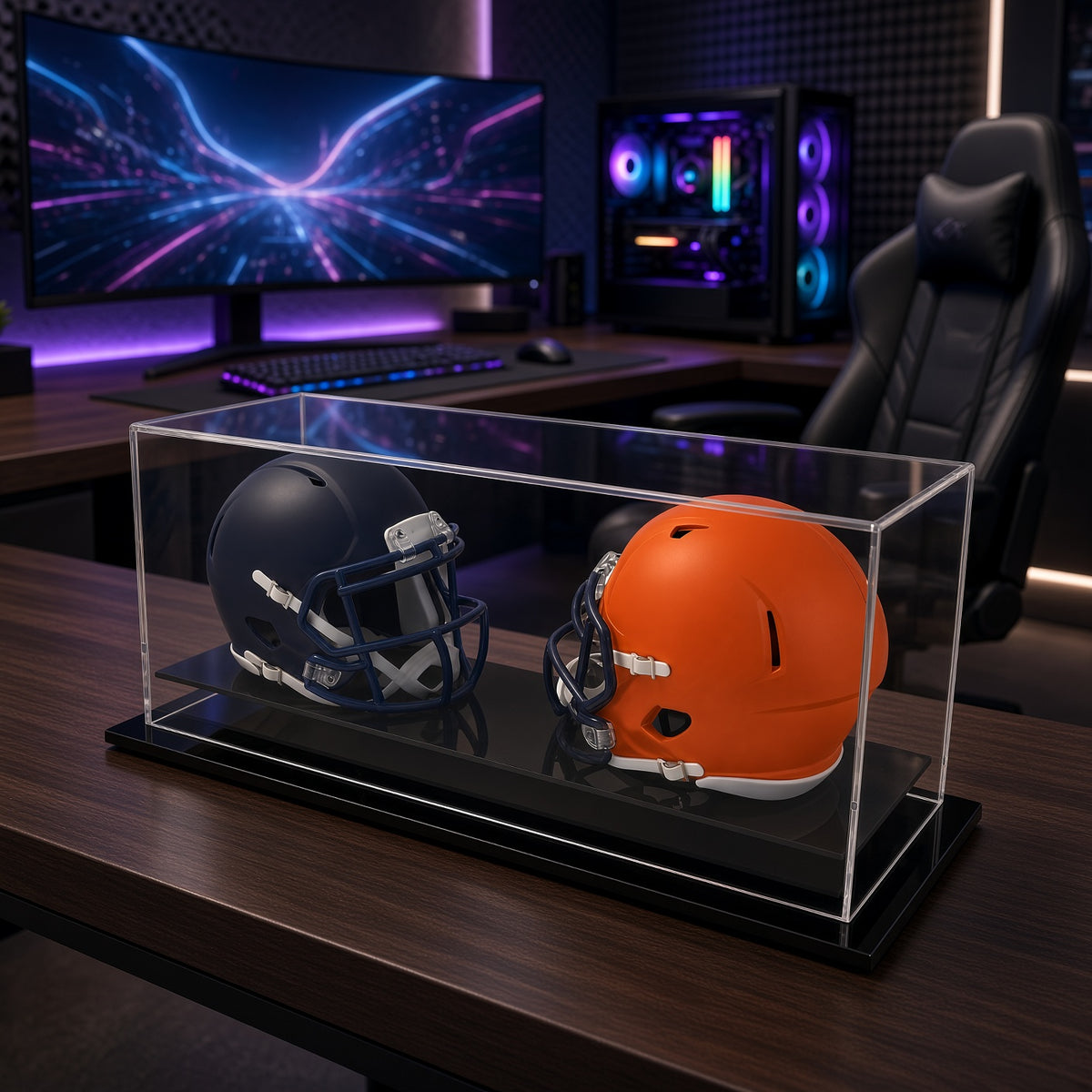 Double mini helmet case on a desk in a gaming room
