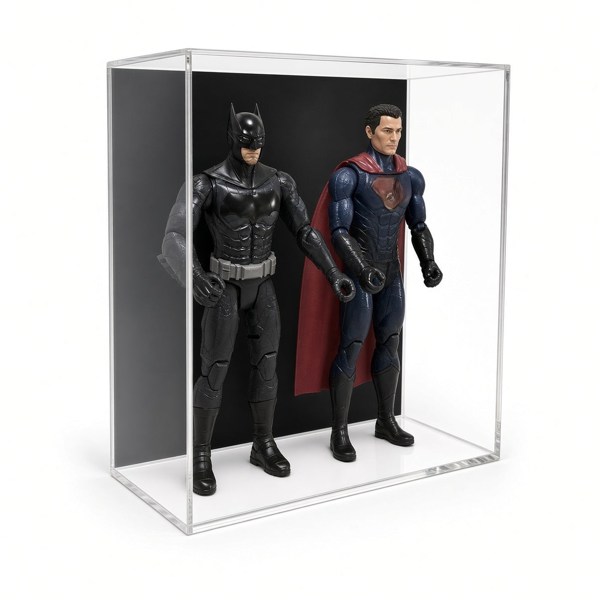 Acrylic wall mount case with a black back holding two 12 inch action figures