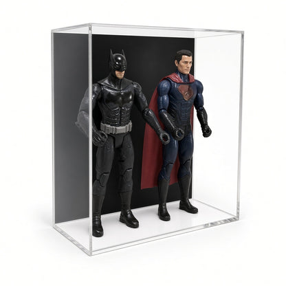 Acrylic wall mount case with a black back holding two 12 inch action figures