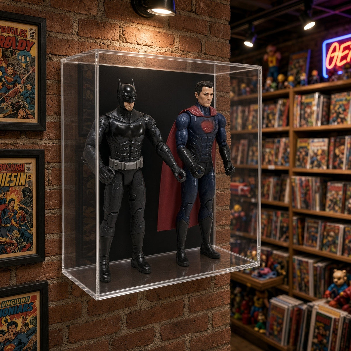 Double action figure case on a brick wall in a collector room