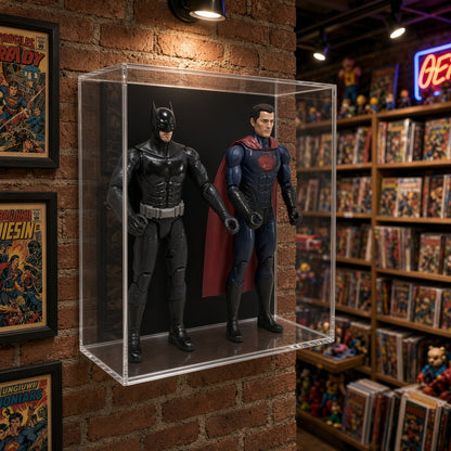 Double action figure case on a brick wall in a collector room