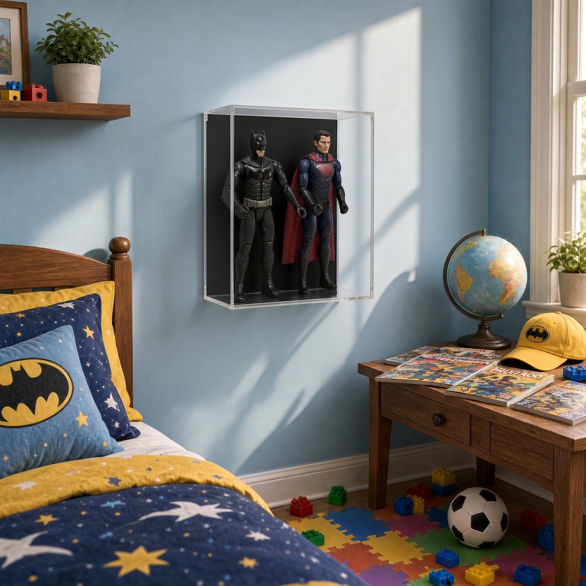 Double action figure case on a light blue wall in a kid's bedroom