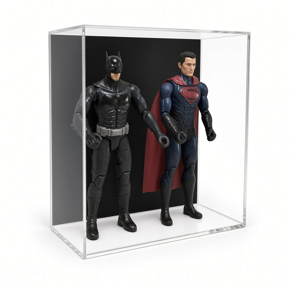 Front view of two action figures in the wall mount case