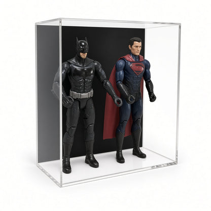 Front view of two action figures in the wall mount case