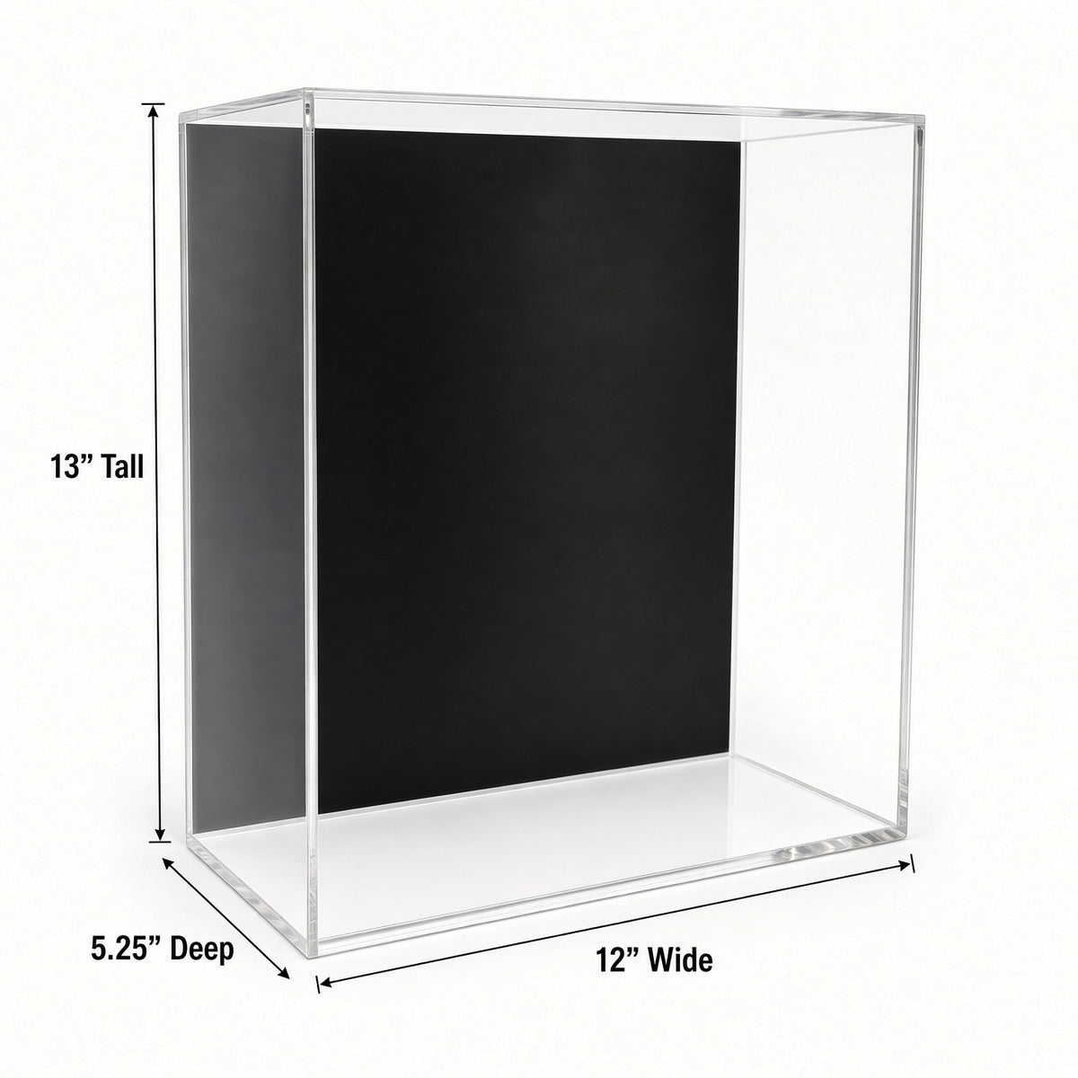 Empty double figure case with 12 inch width, 13 inch height and 5.25 inch depth marked