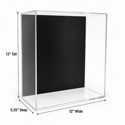 Empty double figure case with 12 inch width, 13 inch height and 5.25 inch depth marked
