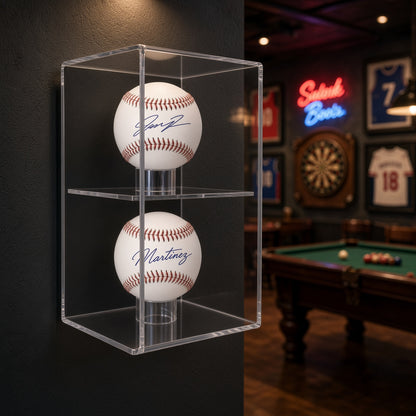 Vertical 2 baseball case on a dark wall in a game room with a pool table