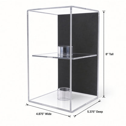 Empty vertical baseball case with height, width and depth measurements marked