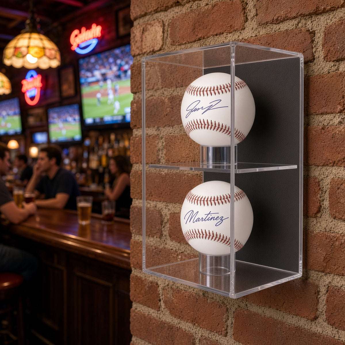 Vertical 2 baseball case on a brick wall in a sports bar